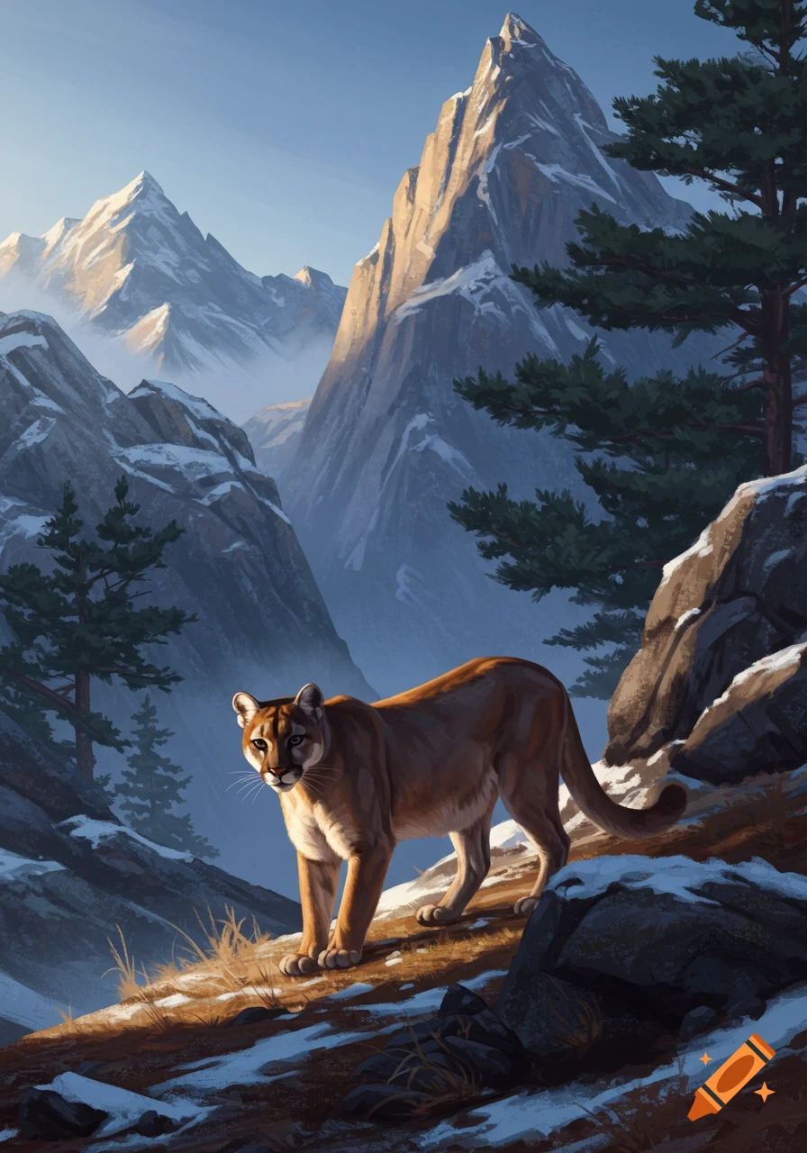 A tan puma stands on a snowy slope in a grand mountain range, rendered in a digital painting style.