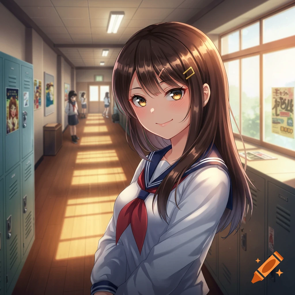 Anime schoolgirl with brown hair and golden eyes smiles in a sunlit school hallway with lockers.