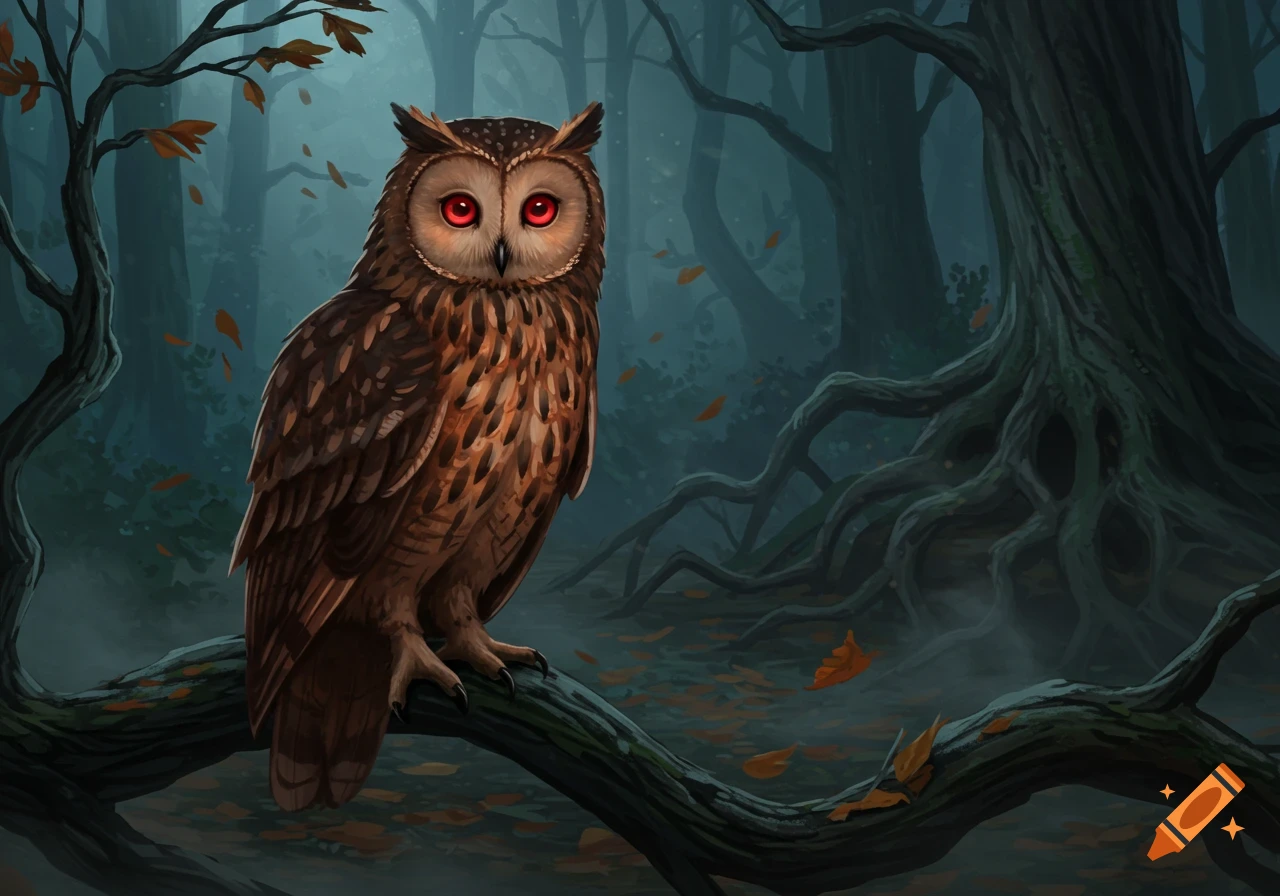 A stylized brown owl with glowing red eyes perches on a branch in a dark, misty forest with gnarled trees.