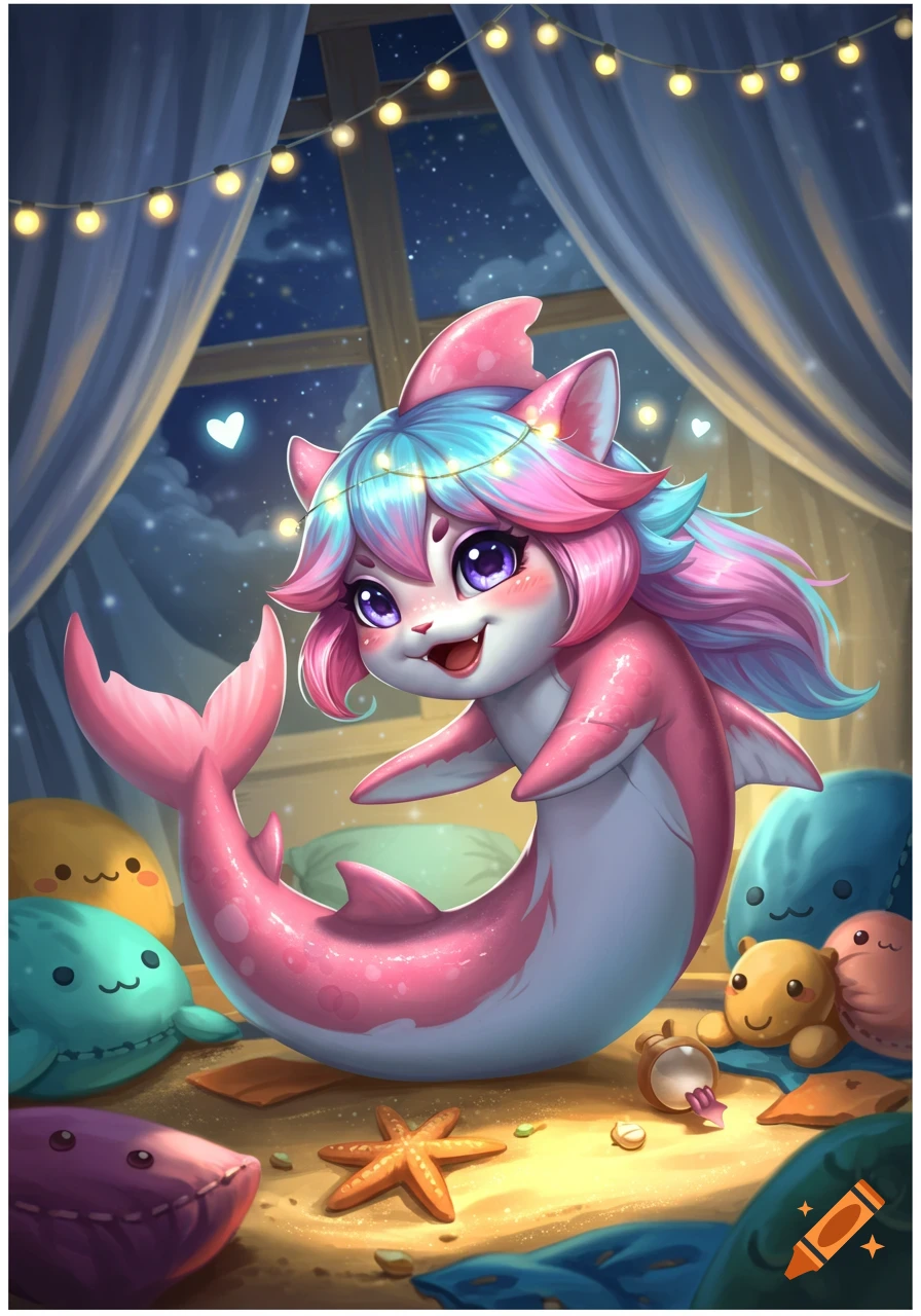A cute pink and blue cat-shark hybrid with large purple eyes sits among plush toys and string lights in a cozy room at night.