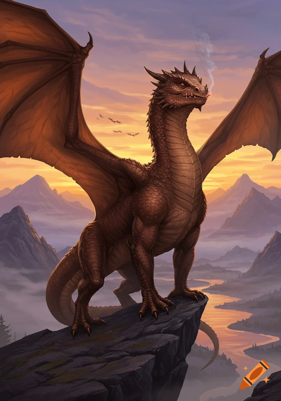 A brown dragon with large wings perches on a rocky cliff, exhaling smoke from its nostrils, overlooking a river valley at sunset.