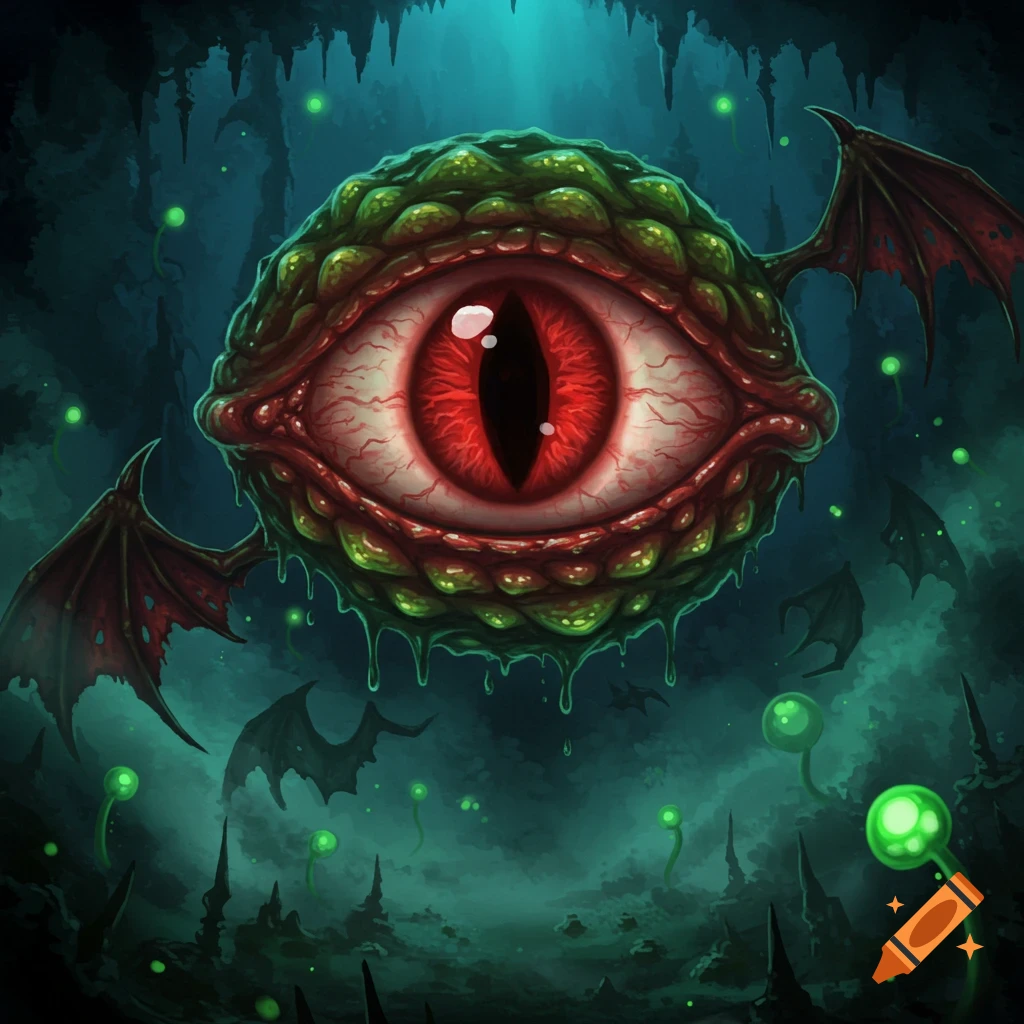 A menacing, veined red eye monster with green skin and leathery wings drips goo in a dark, cavernous fantasy setting.