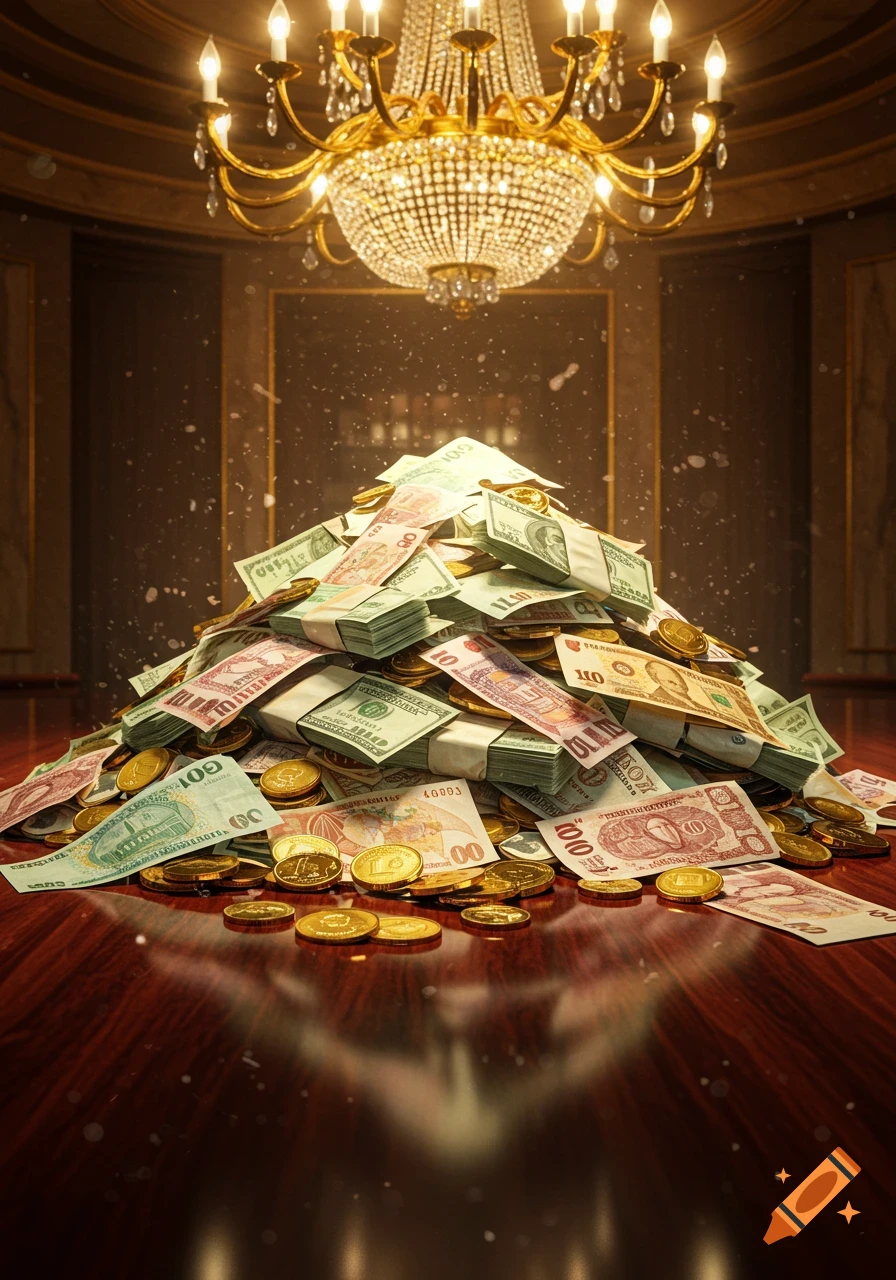 A large pile of diverse banknotes and gold coins sits on a polished wooden table under a grand, sparkling chandelier.