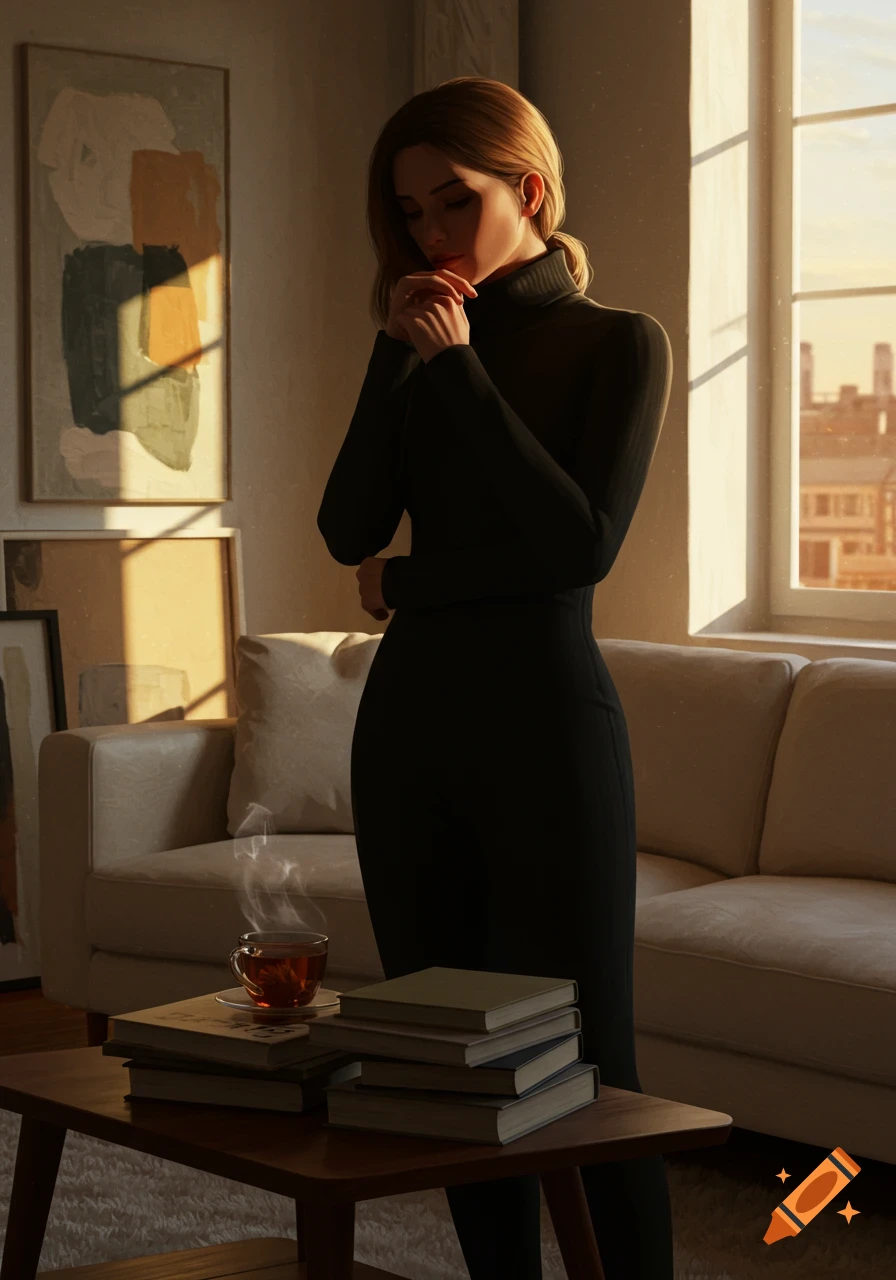 A woman in a black turtleneck stands in a sunlit room, hands clasped, next to a table with steaming tea and books.