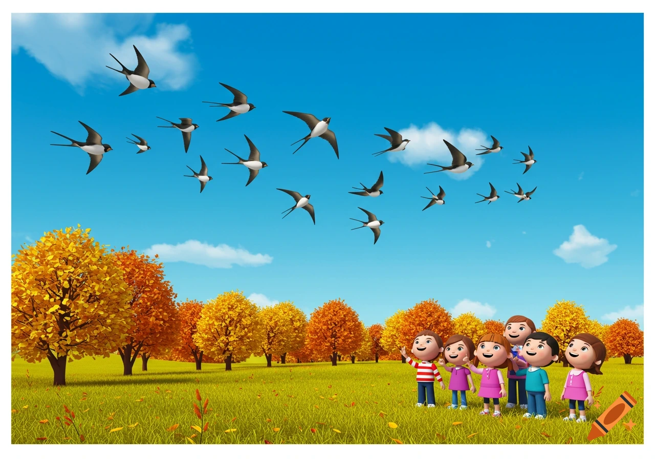 Cartoon children in an autumn field look up at a flock of swallows flying in a bright blue sky with colorful trees.