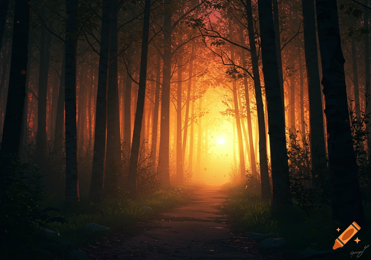 A dirt path winds through a dark forest, silhouetted trees against a brilliant orange and yellow sunset in the distance.