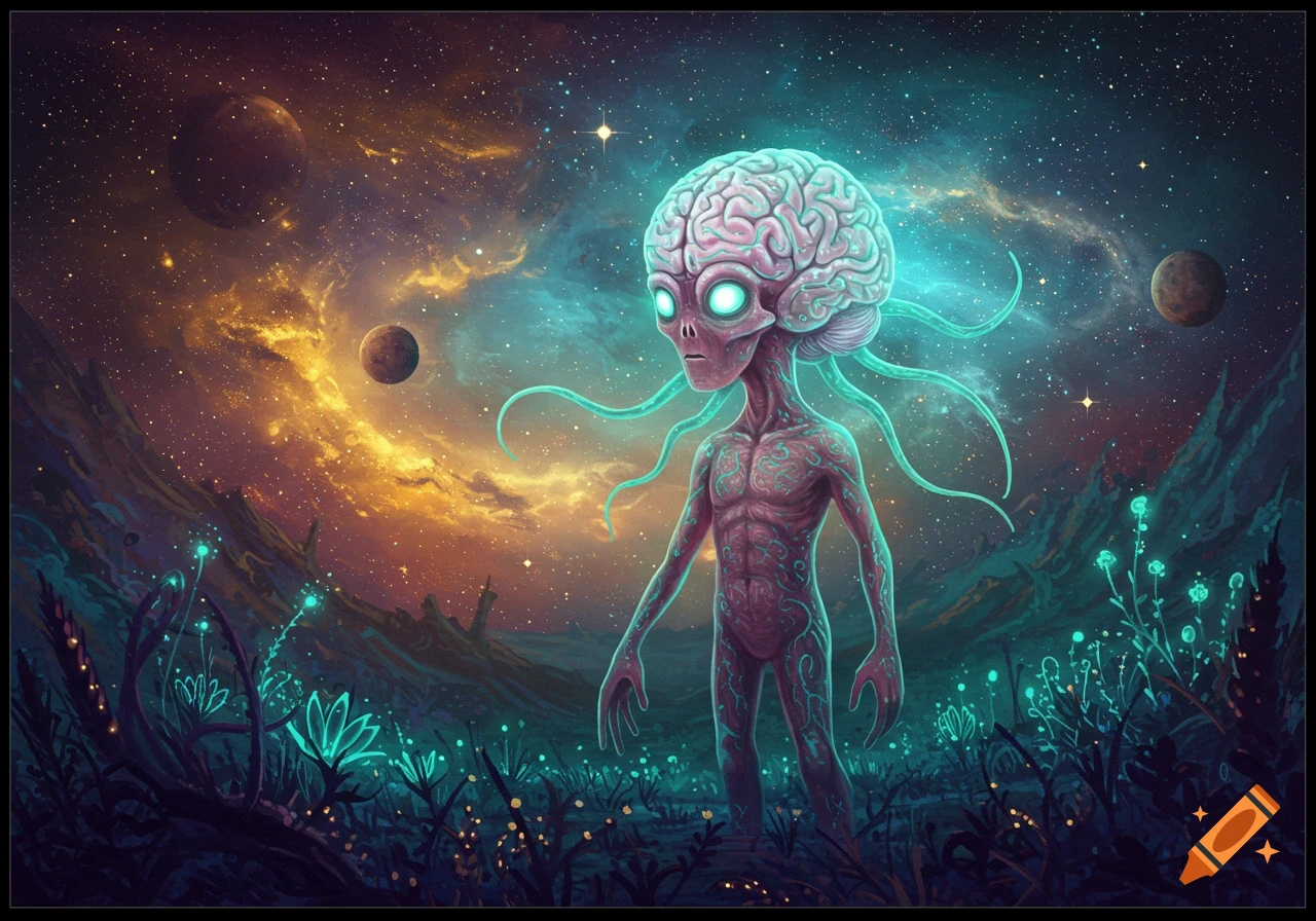 An alien with a large, glowing brain and eyes stands on an alien planet with bioluminescent plants under a vibrant cosmic sky.