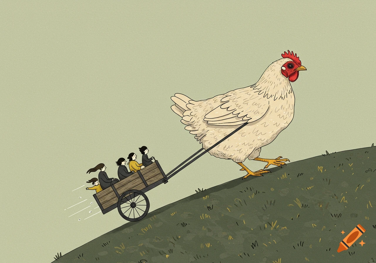 A minimalist illustration of a large white chicken pulling a wooden cart with four small people up a green grassy hill.