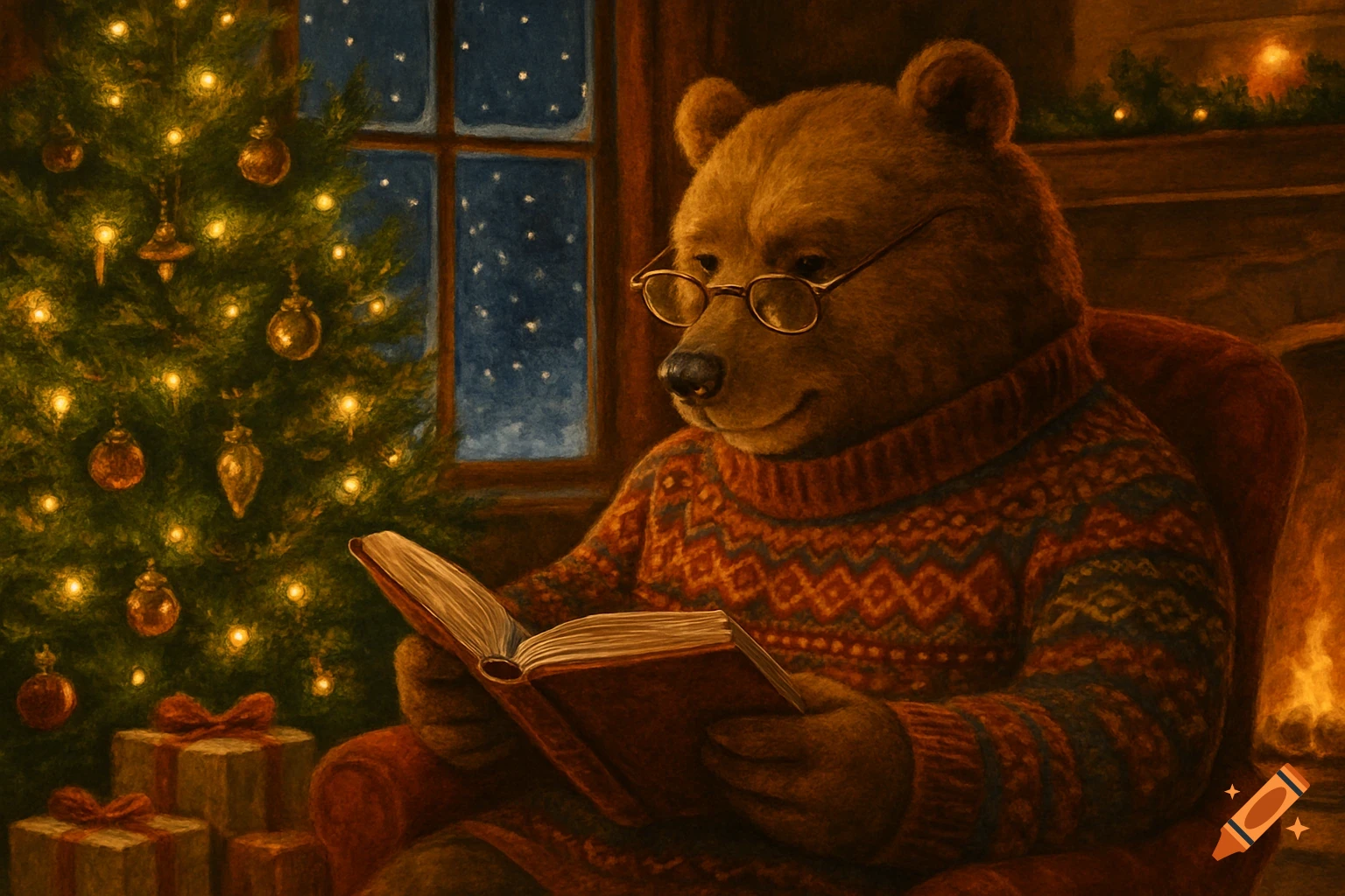 A cozy, painterly illustration of an anthropomorphic bear in glasses and a sweater reading a book by a Christmas tree.