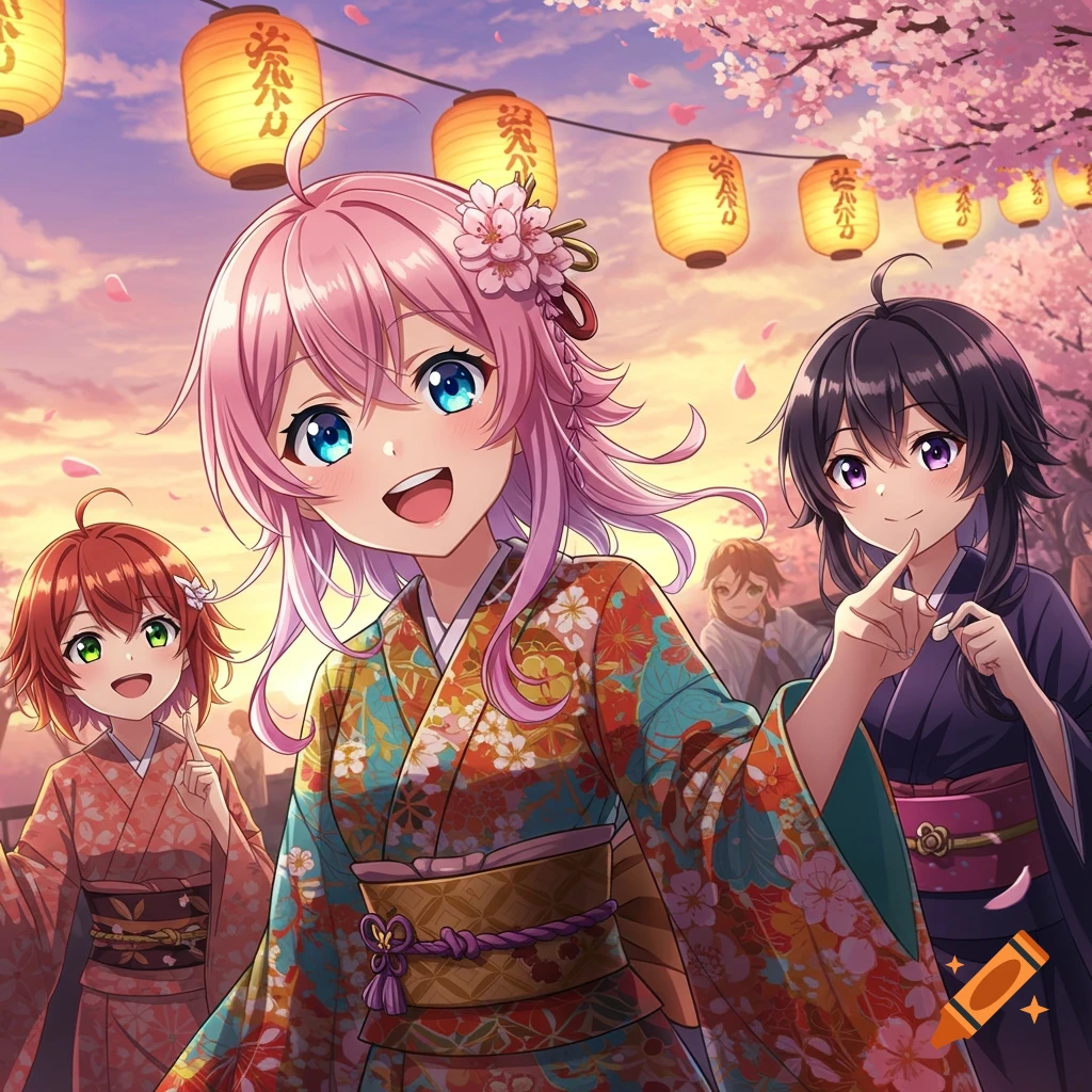 Three anime girls in colorful kimonos smile under glowing lanterns and pink cherry blossoms at sunset.