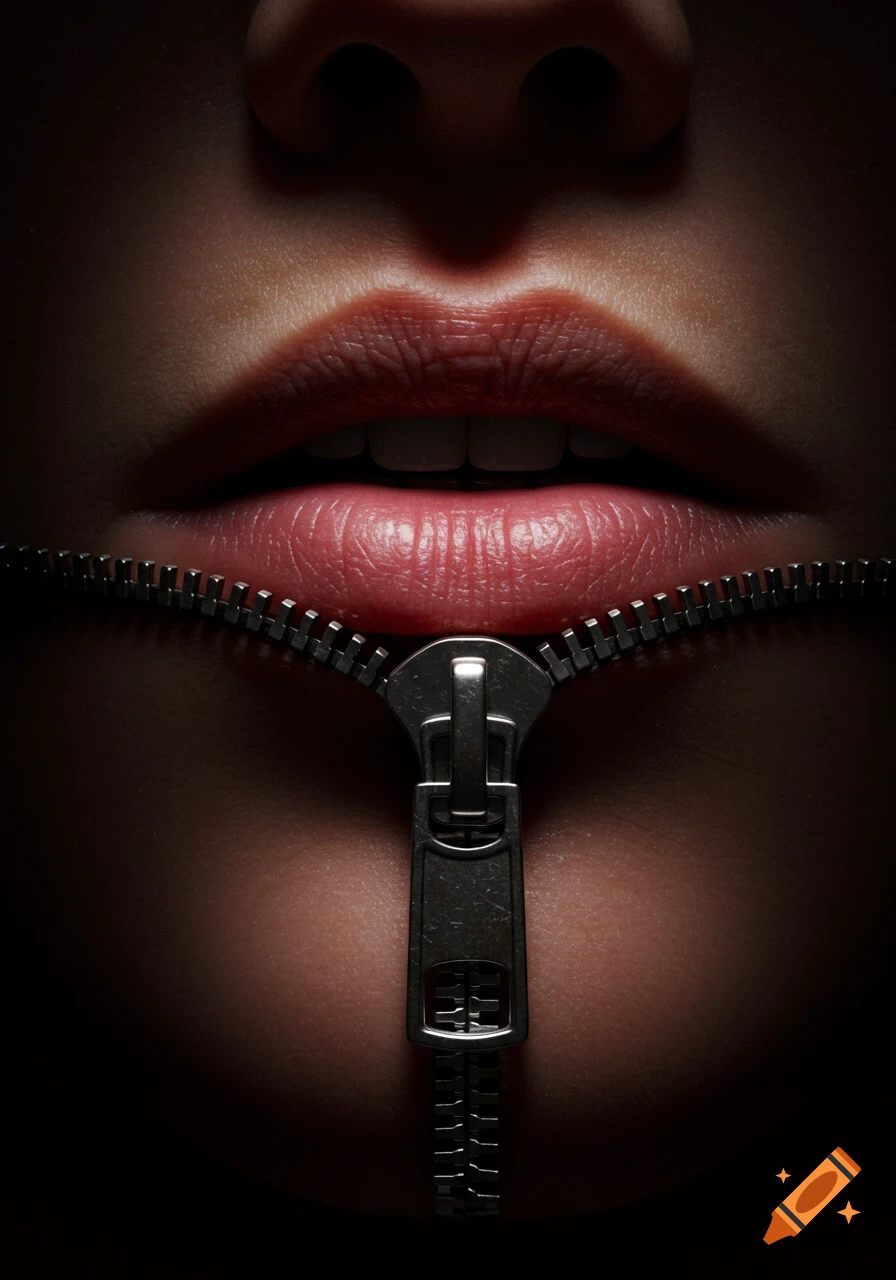 Close-up of a human mouth with a metal zipper across the lips, dark dramatic lighting, photorealistic.