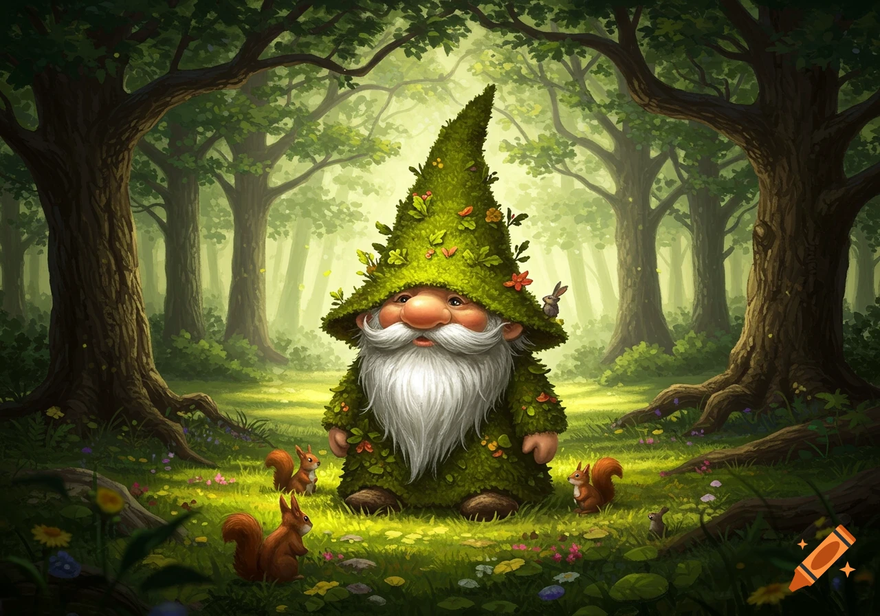 A whimsical gnome in a leafy suit and hat stands in a vibrant, sunlit forest clearing with squirrels and a tiny rabbit.