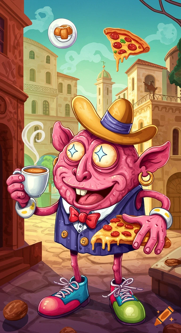 A grotesque pink goblin character in a suit and hat, holding coffee and a slice of pizza, in a stylized Italian town with floating food.