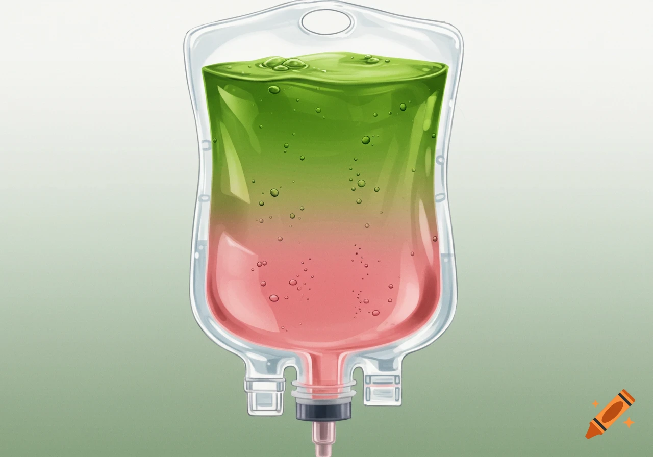 Digital illustration of an IV bag containing green matcha liquid over pink matcha liquid, creating a gradient.