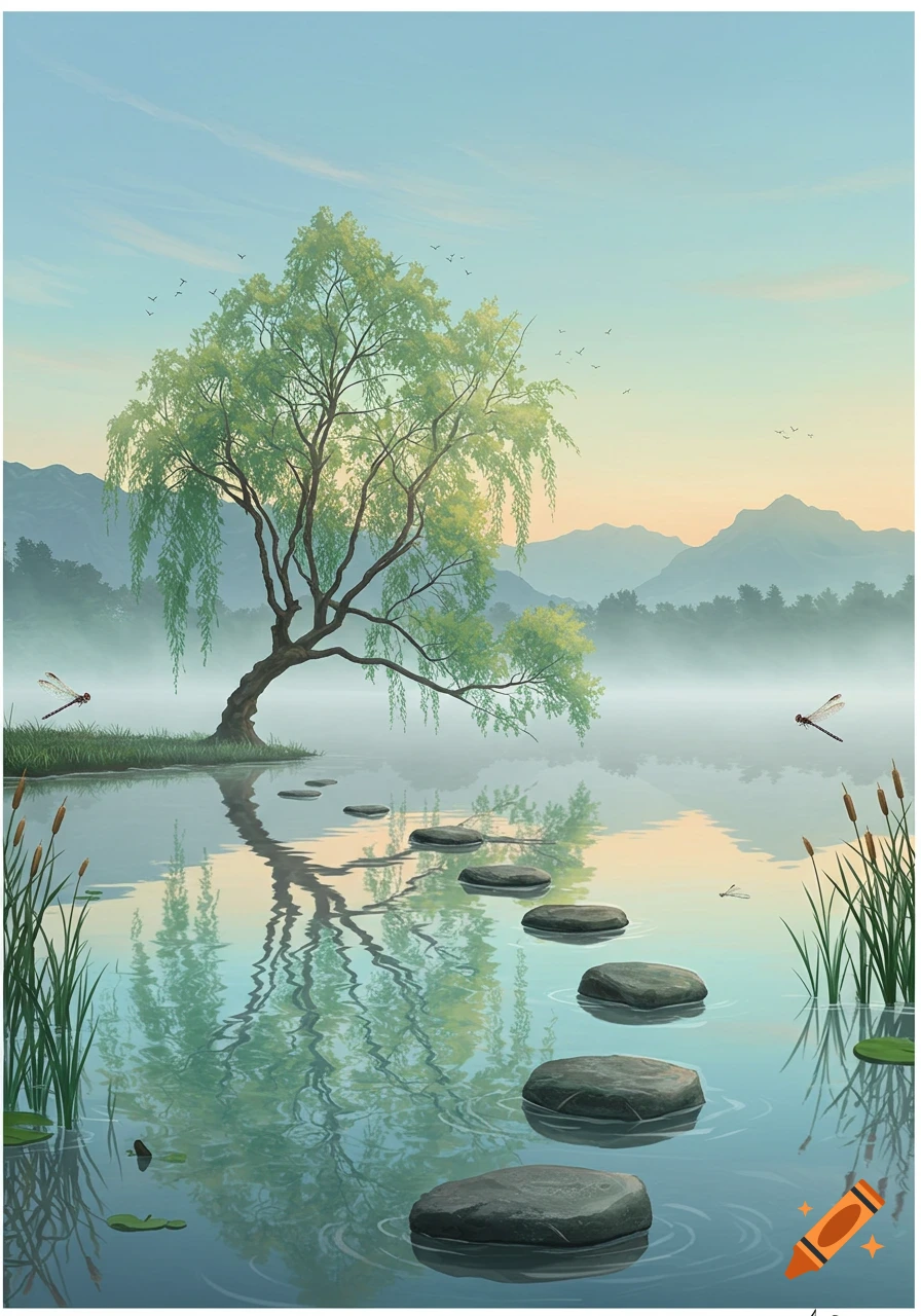 A serene illustration of a weeping willow tree by a misty lake with stepping stones, mountains in the distance, and dragonflies.