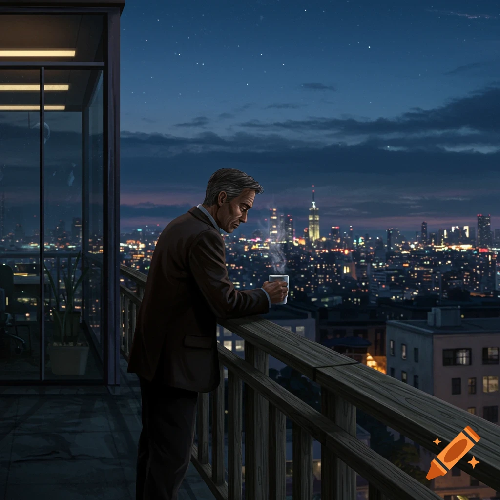 A man in a suit stands on a high-rise balcony at night, looking down at a brightly lit city skyline, holding a steaming mug.