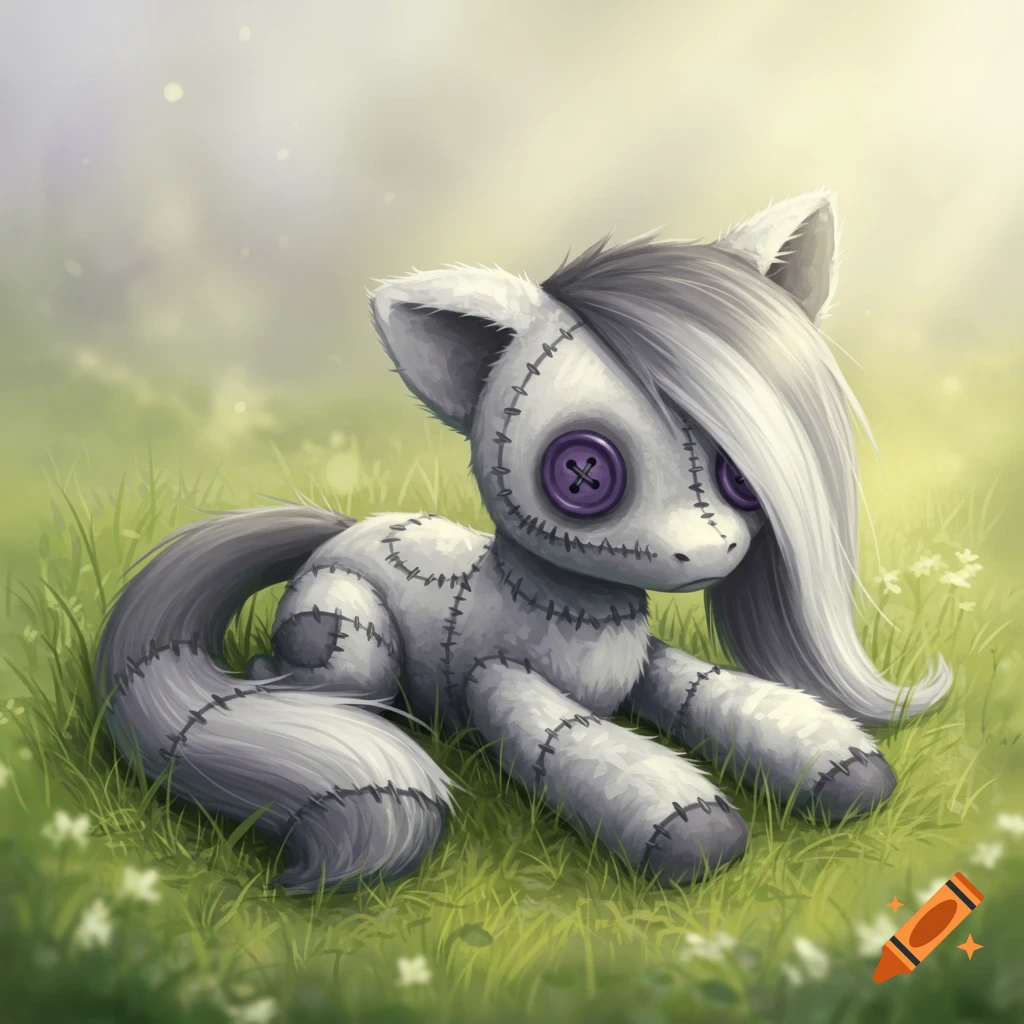 An illustrated ragdoll pony with gray and white fur, purple button eyes, and stitched patches, lying in green grass.