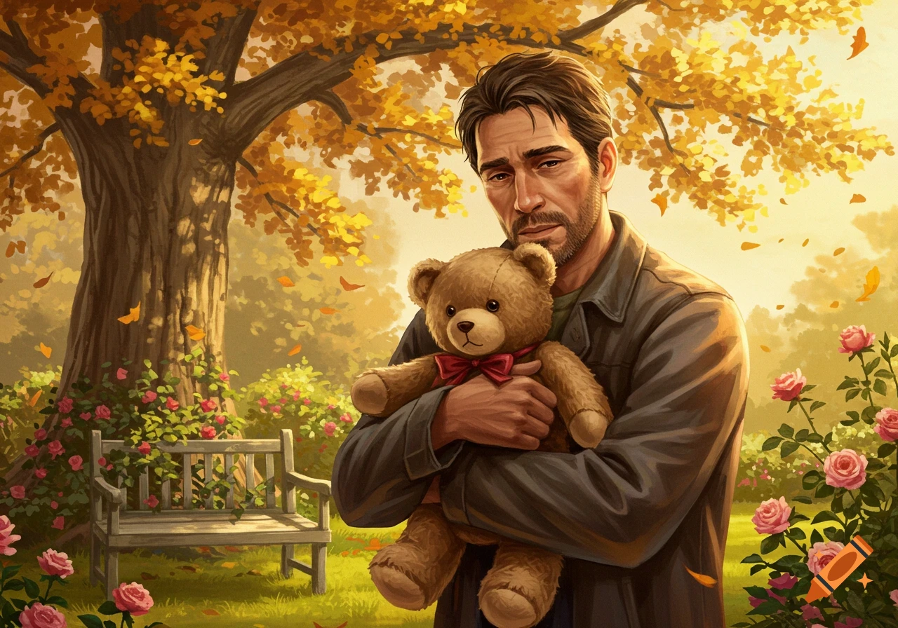 An illustrated portrait of a somber man hugging a teddy bear in an autumn park with golden leaves and pink roses.