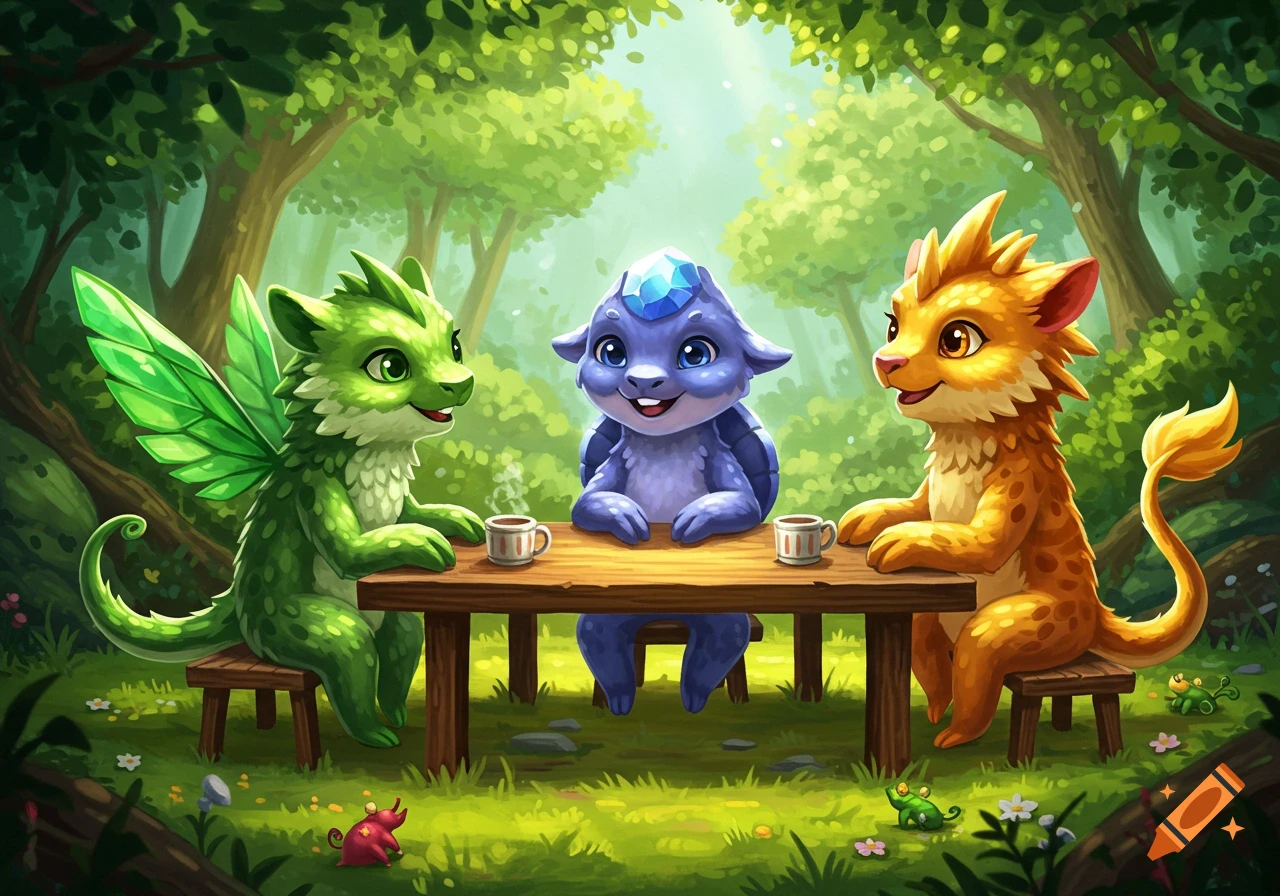 Three cute cartoon fantasy creatures, a green winged dragon, blue turtle, and orange cat-like, share drinks at a wooden table in a vibrant forest.