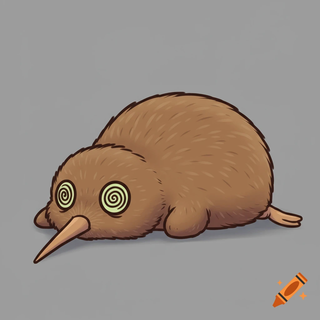 A cute, cartoon kiwi bird with swirled eyes lies on a plain grey background.