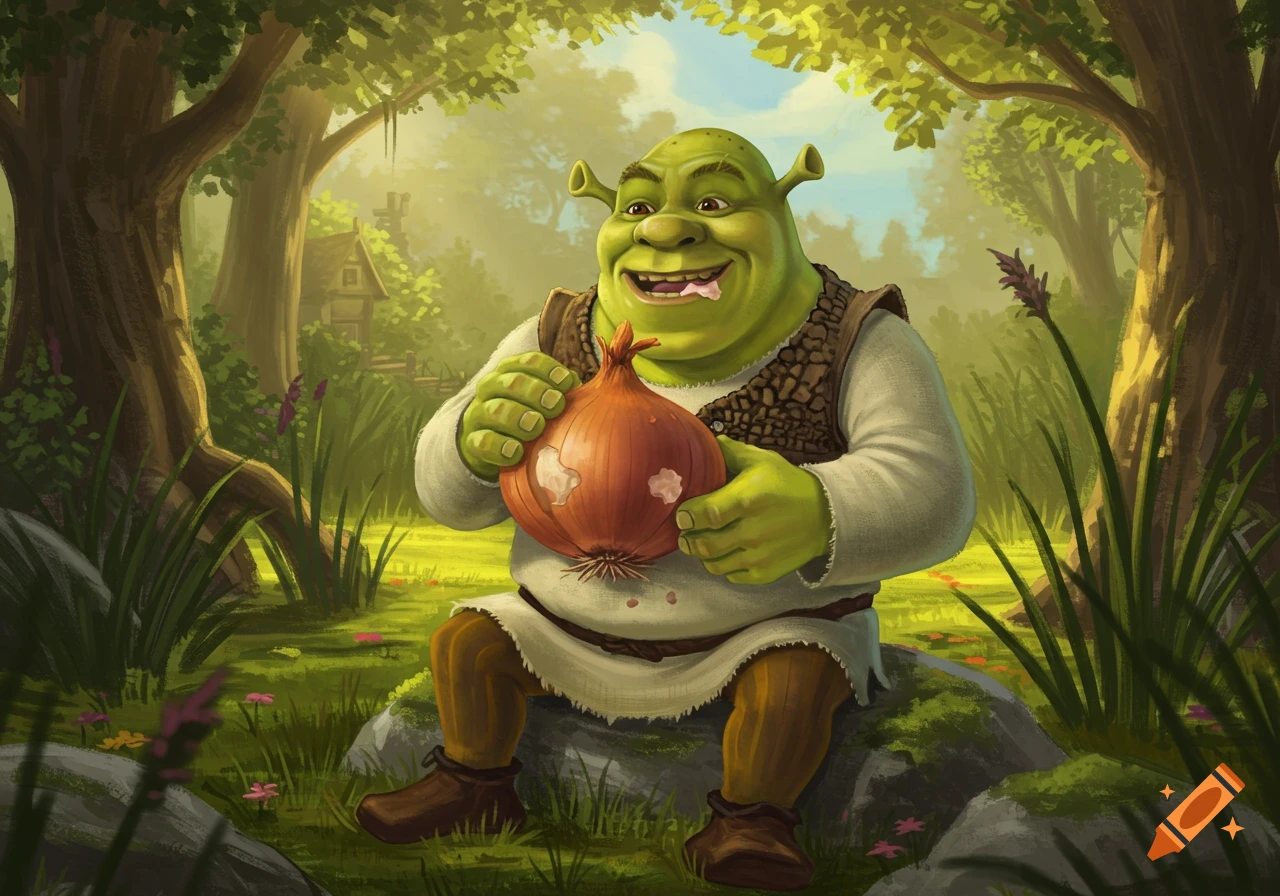 Shrek, the green ogre, sits in a vibrant green forest, happily holding a large red onion.