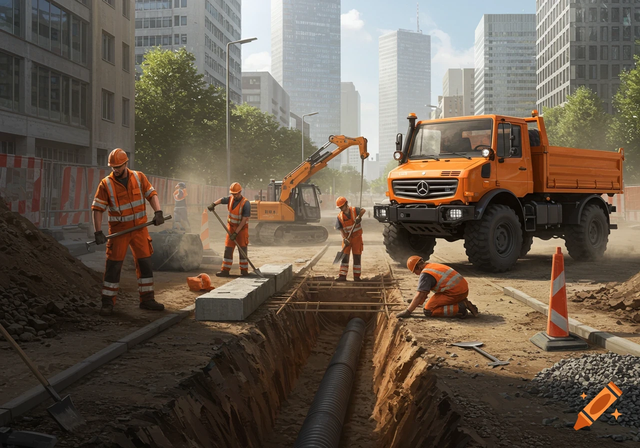 Photorealistic image of road workers constructing a channel in a city, with an orange Unimog truck and excavator present.