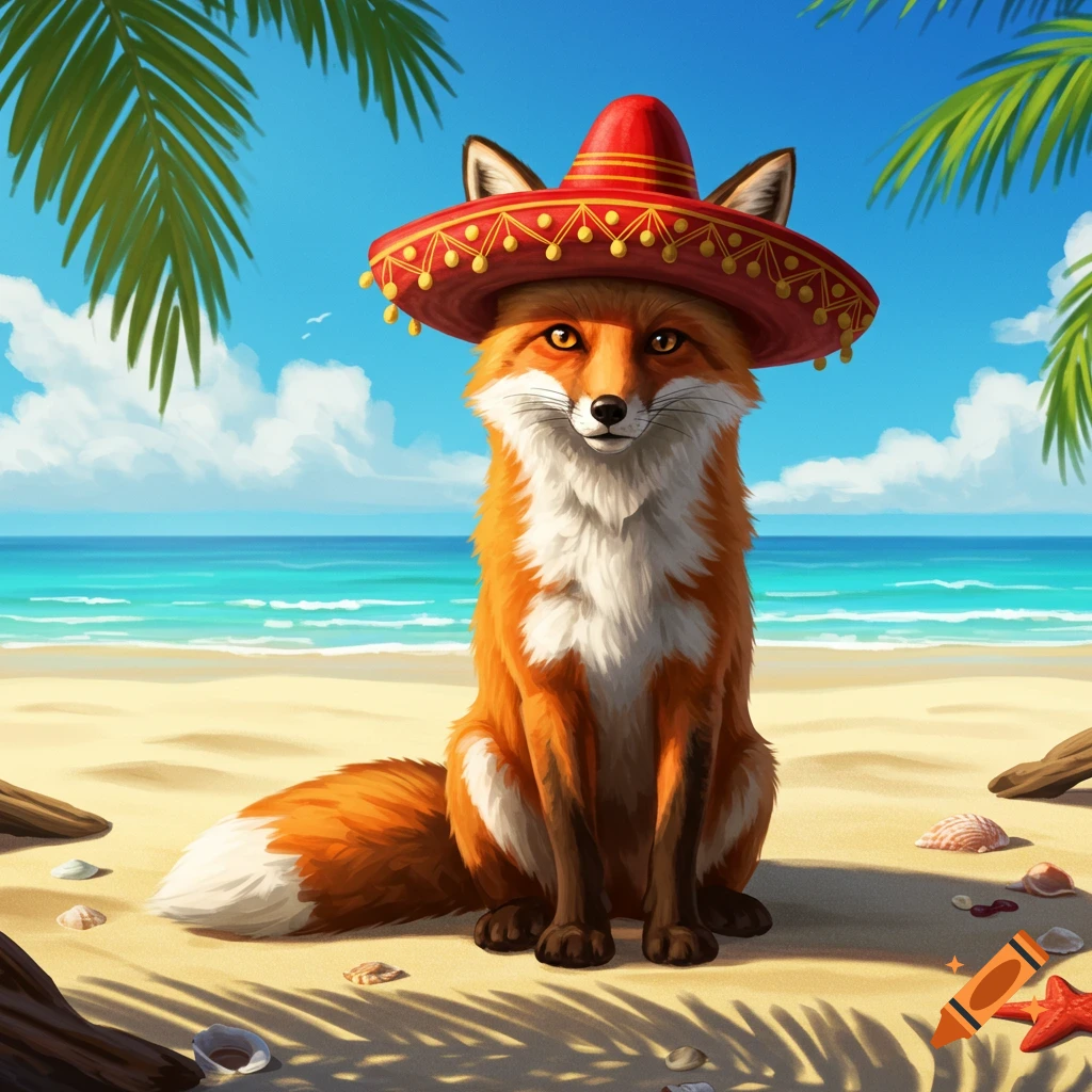 A cartoon fox wearing a red sombrero sits on a sandy beach with the ocean and palm leaves in the background.