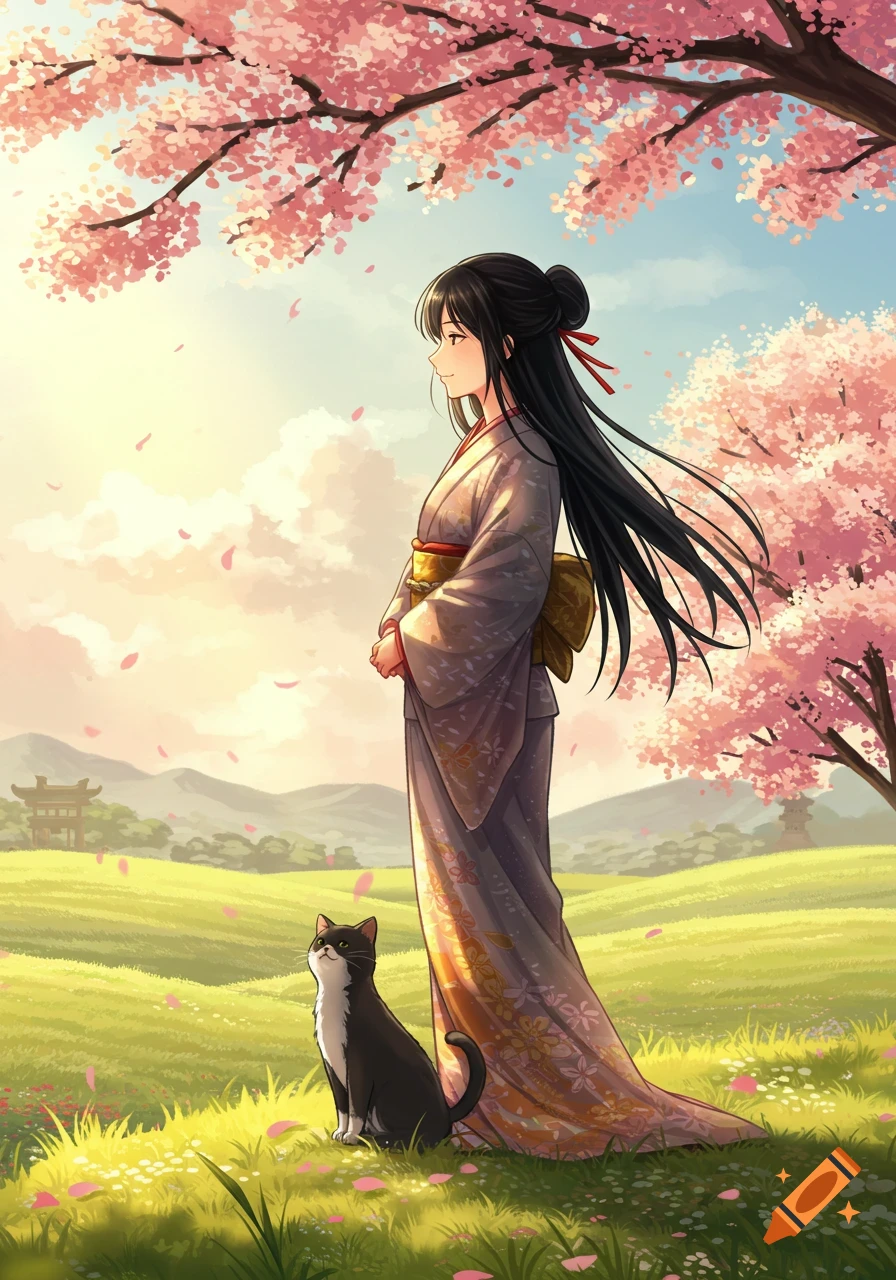 Anime illustration of a Japanese woman in a kimono standing in a sunlit cherry blossom field with a black and white cat.