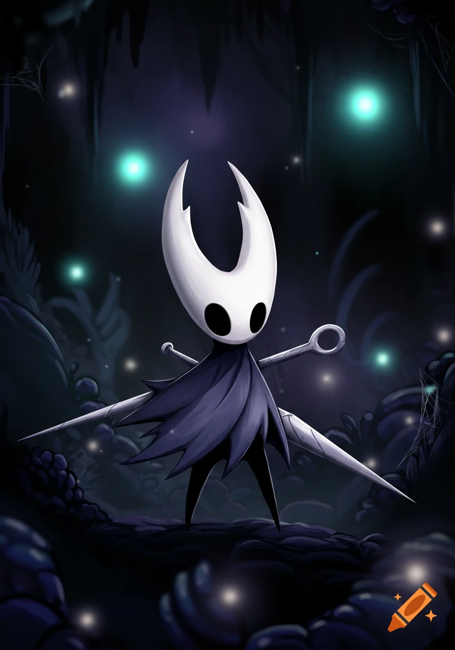 The Hollow Knight character stands in a dark, glowing cavern, holding a nail weapon. Stylized video game art.