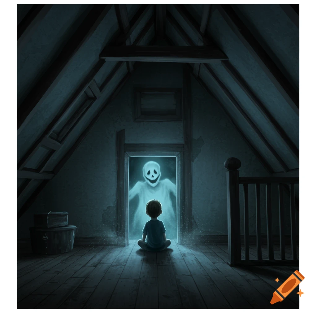 Illustrative image of a child sitting in a dark attic, facing a glowing, grinning ghost in a doorway.