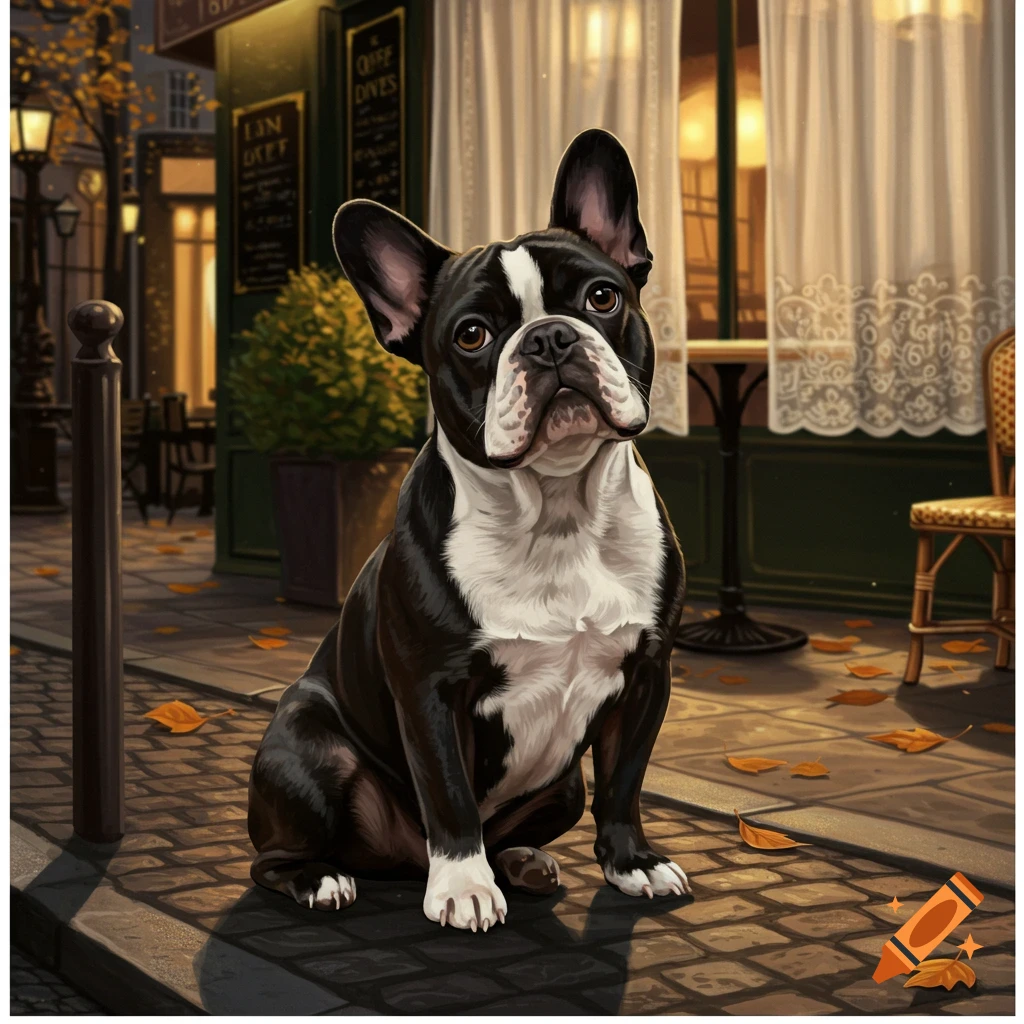 A black and white French Bulldog sits on a cobblestone street in front of a Parisian-style cafe with autumn leaves scattered around.