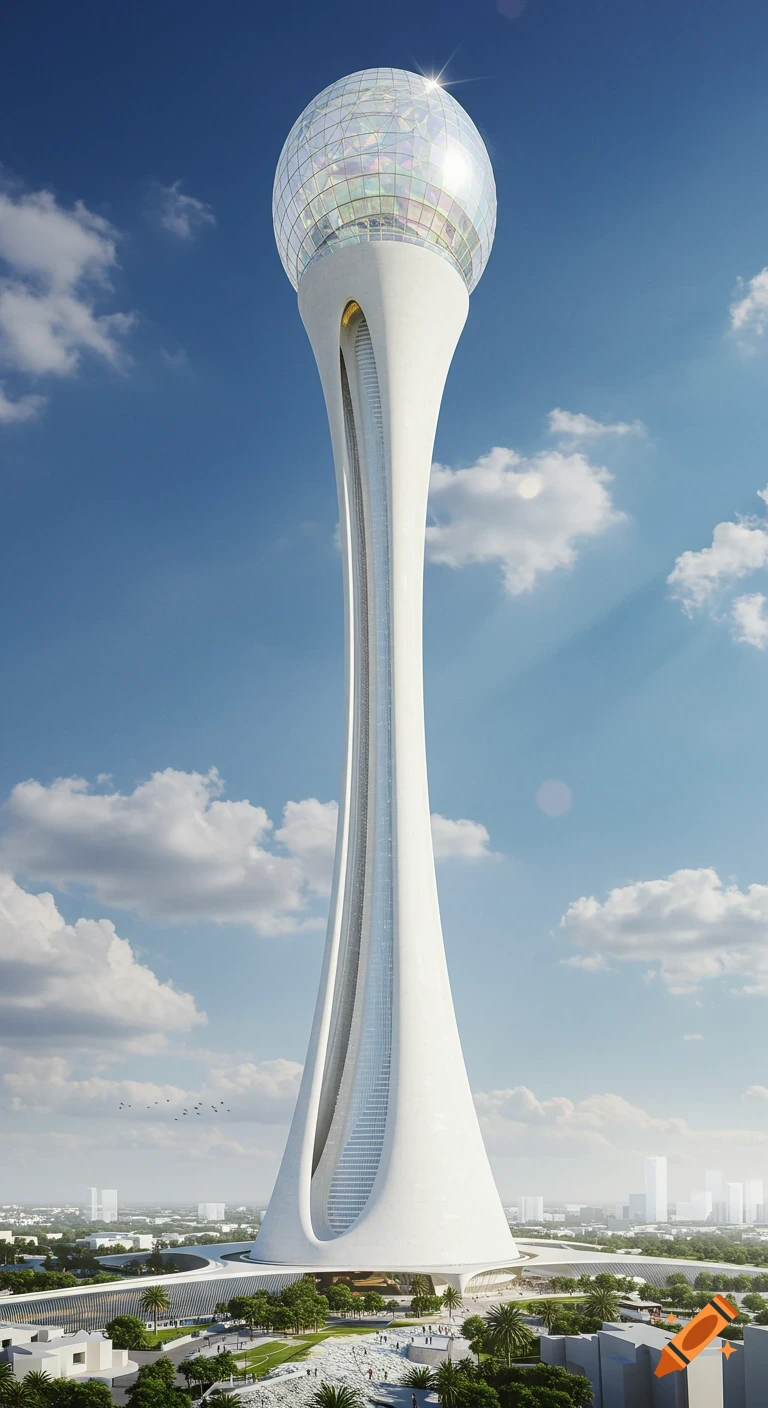 A tall, white, hourglass-shaped futuristic tower with a crystal sphere dome stands against a blue sky over a city.