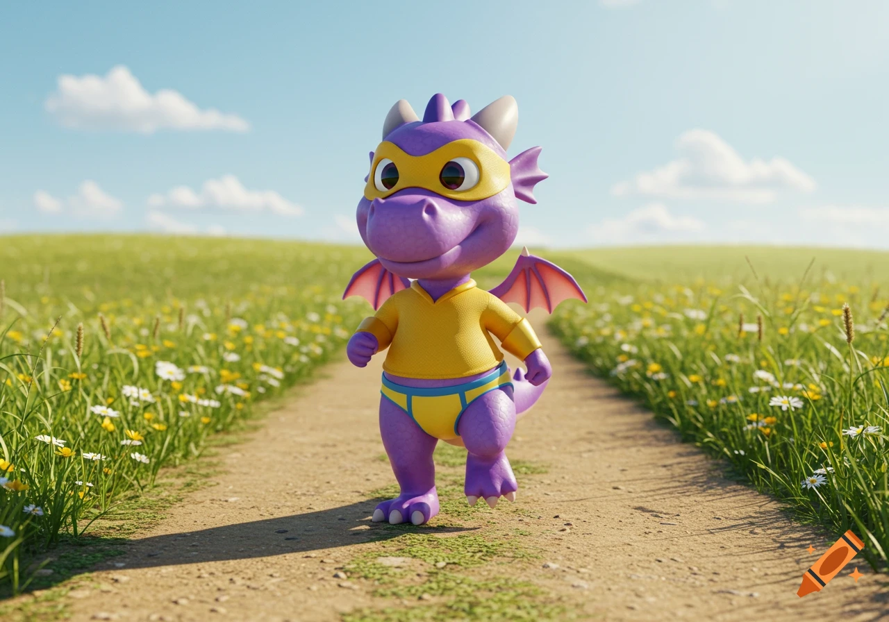 A cute purple cartoon 3D dragon superhero in a yellow shirt, yellow briefs, and mask walks on a dirt path through a grassy field.
