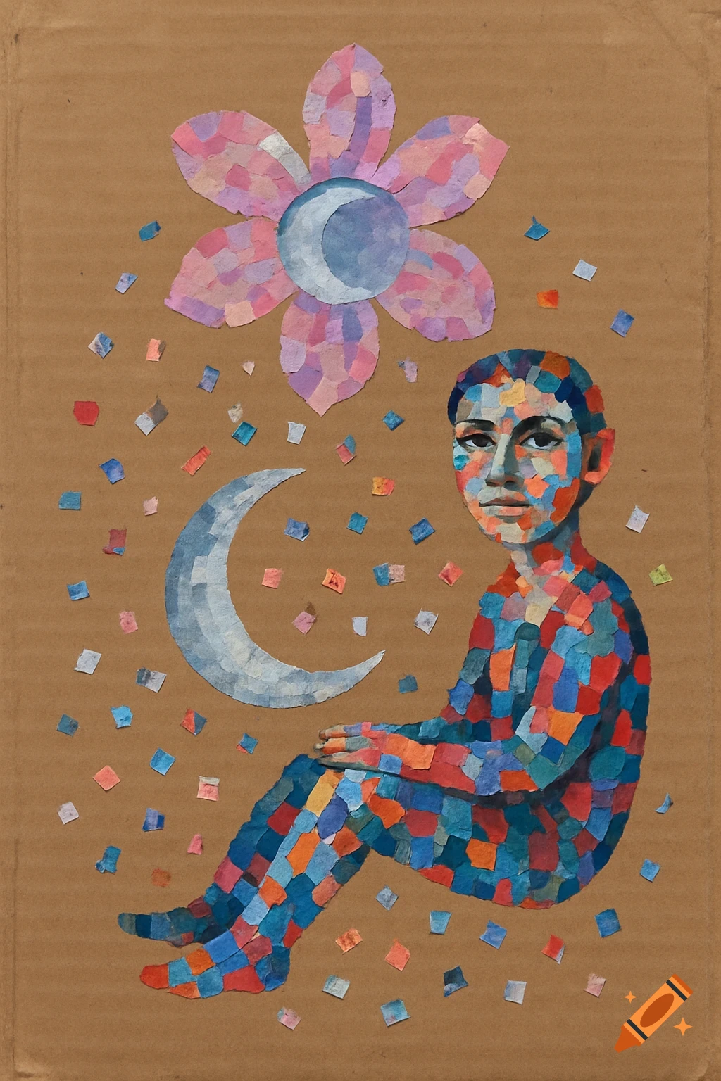 Collage portrait of a person made of colorful paper mosaic, sitting on brown cardboard with a pink flower and crescent moon.