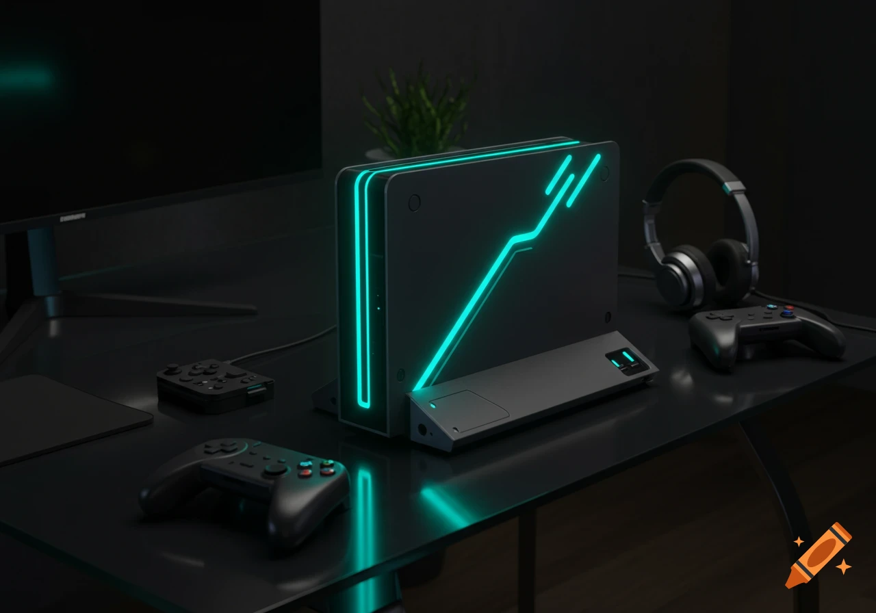 Futuristic black gaming console with neon blue lights, two controllers, and headphones on a dark desk next to a monitor.