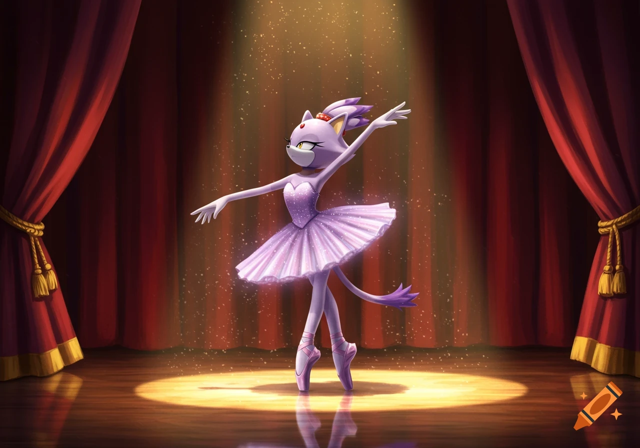 Blaze the Cat in a purple ballerina tutu and slippers dances on a spotlighted stage with red curtains. Digital illustration.