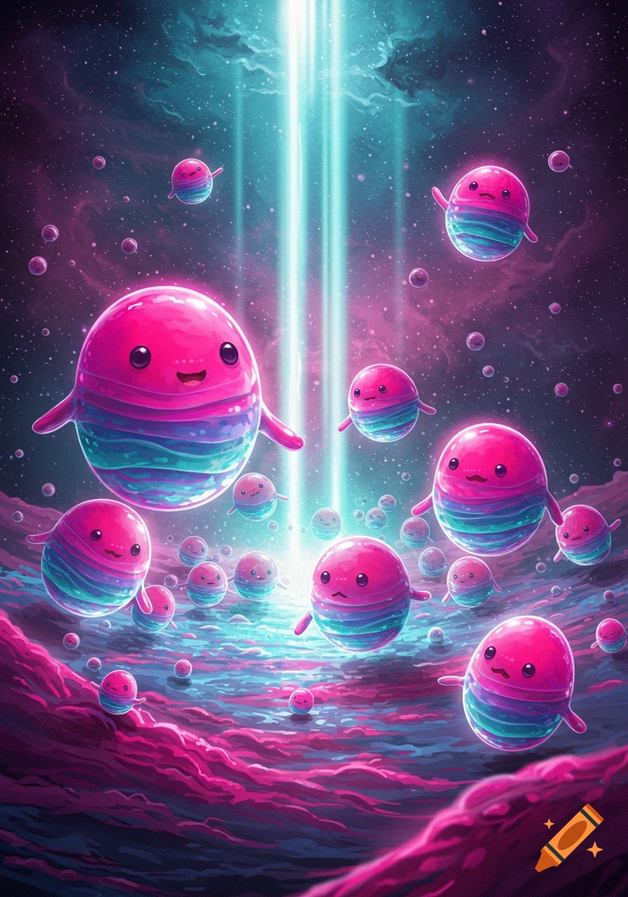 Cute, colorful, striped spherical creatures float in a vibrant pink and blue cosmic landscape with a bright light beam.
