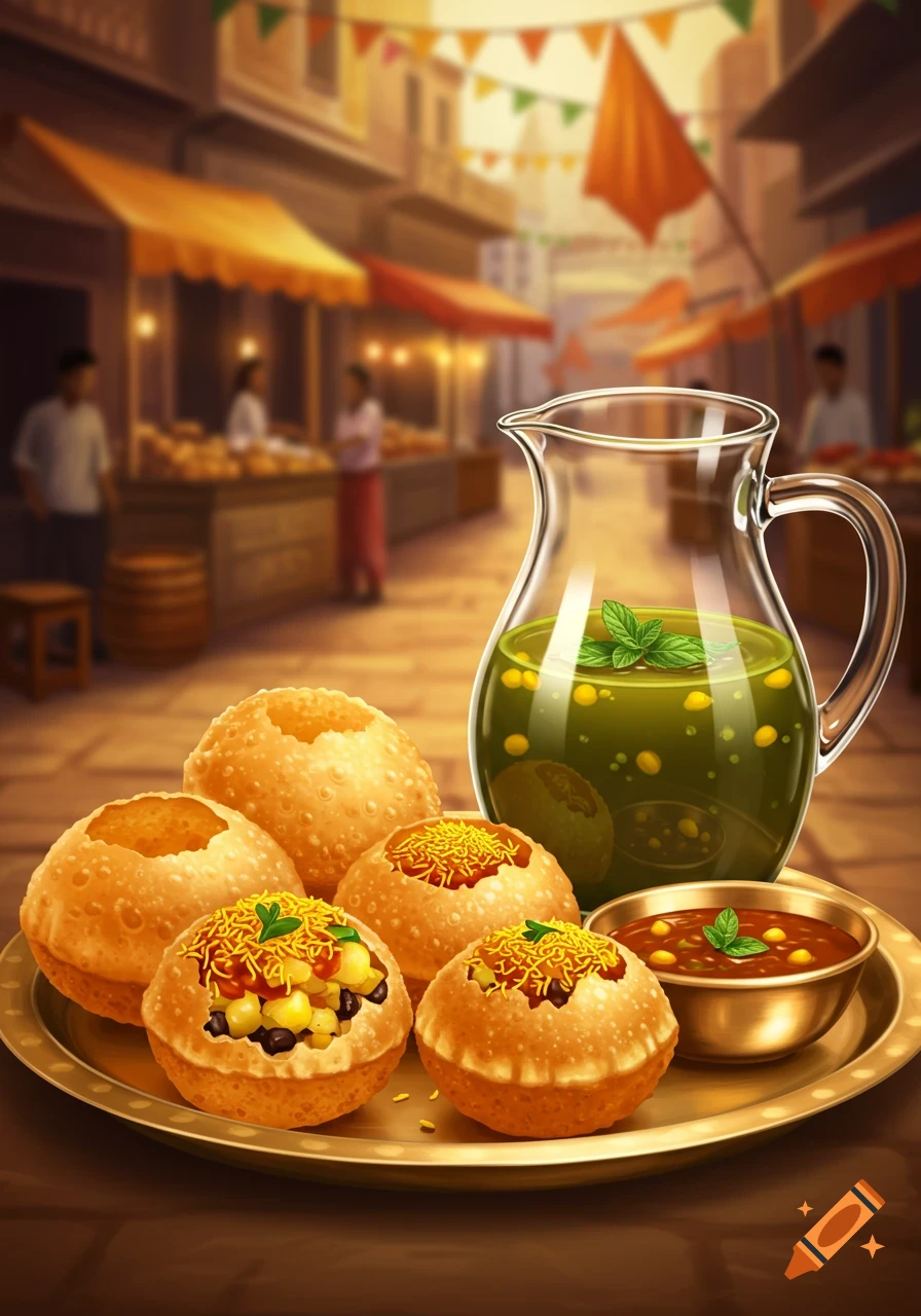 Pani Puri on a gold tray with green liquid in a pitcher, set against a blurry street market background, digital illustration.