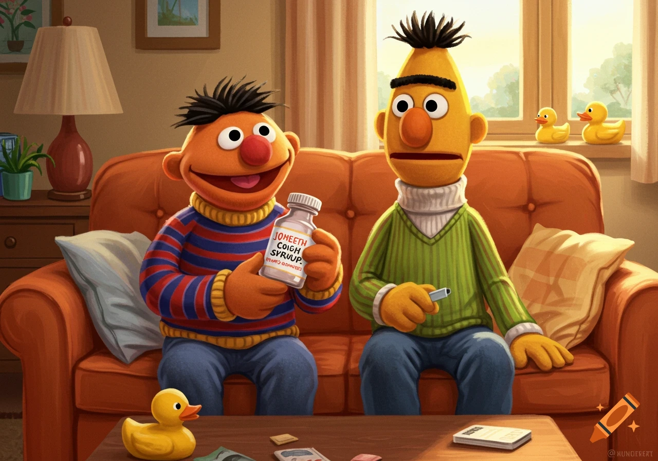 Ernie smiles, holding cough syrup, next to a sick Bert with a thermometer on a couch in an illustrated living room.