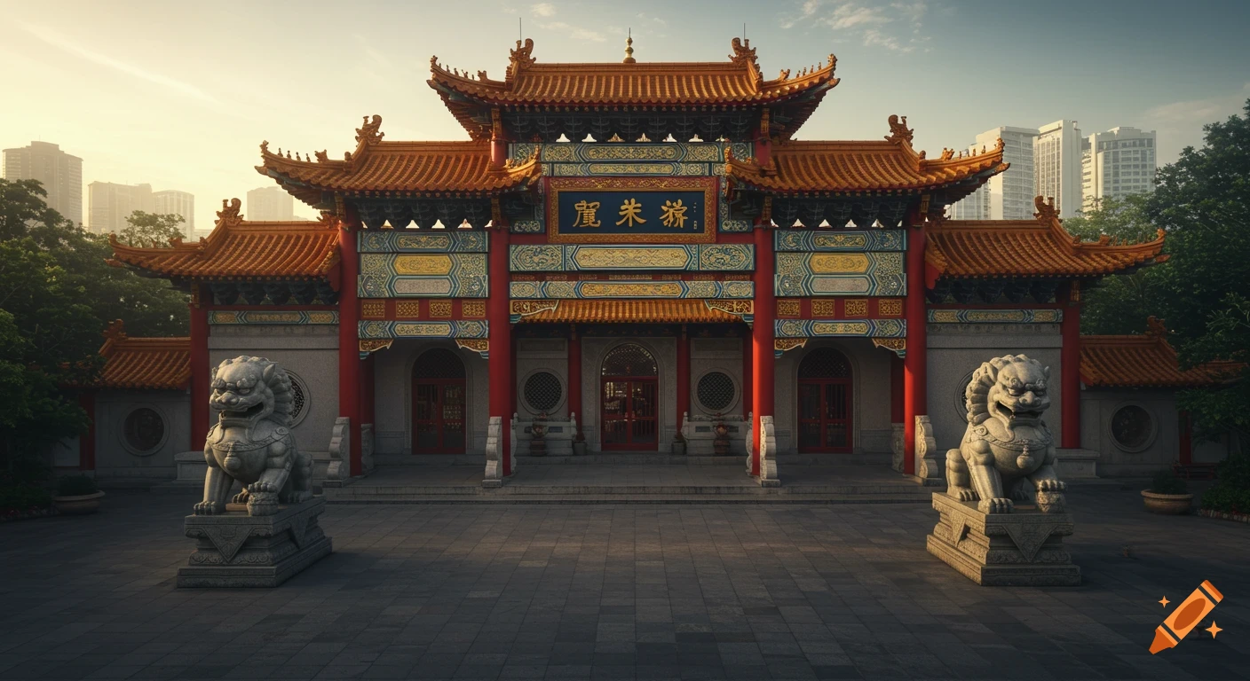 A realistic image of a red and gold Chinese temple entrance with two stone guardian lions, bathed in soft early morning light.
