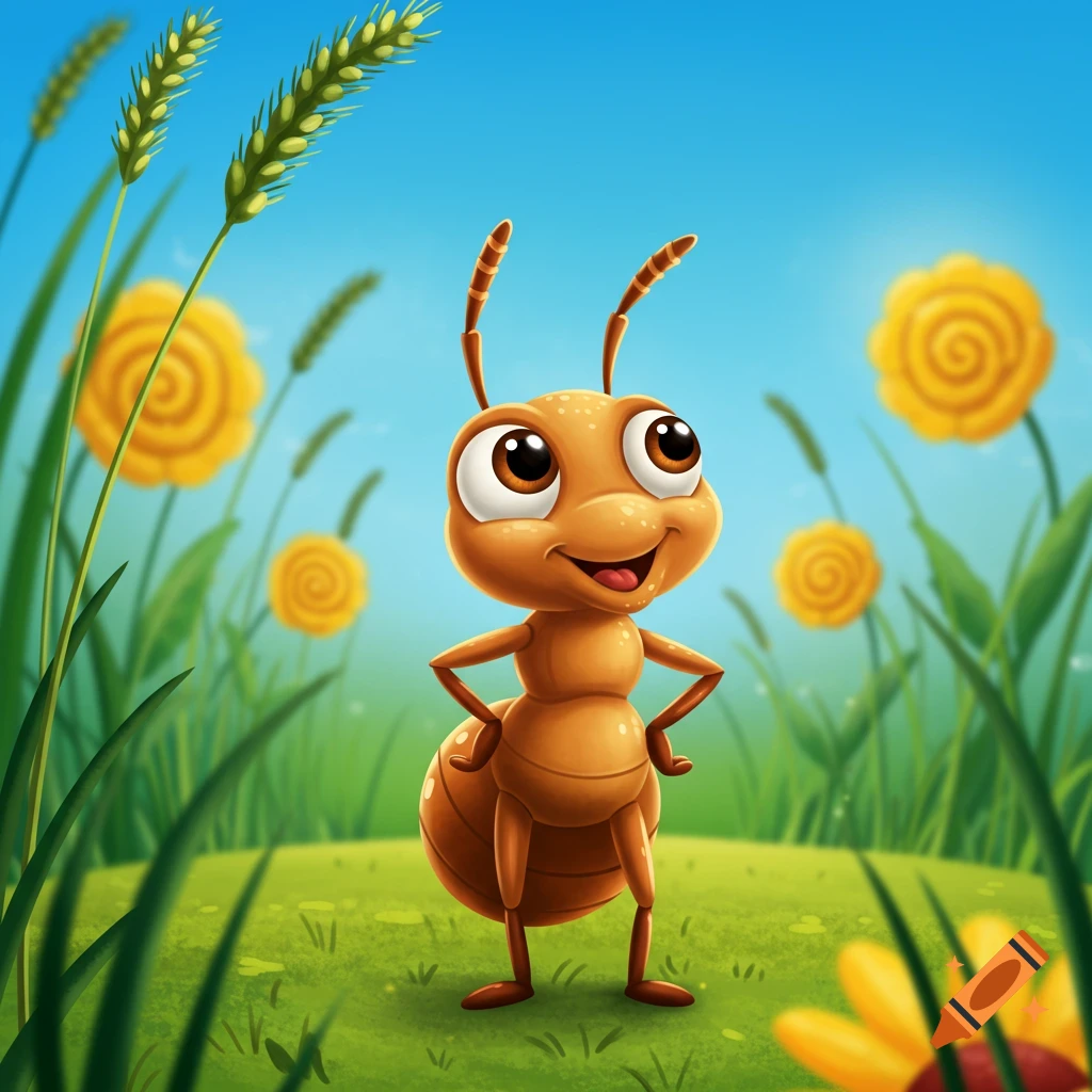 A smiling cartoon ant stands in a vibrant green field with tall grass and yellow flowers under a blue sky.