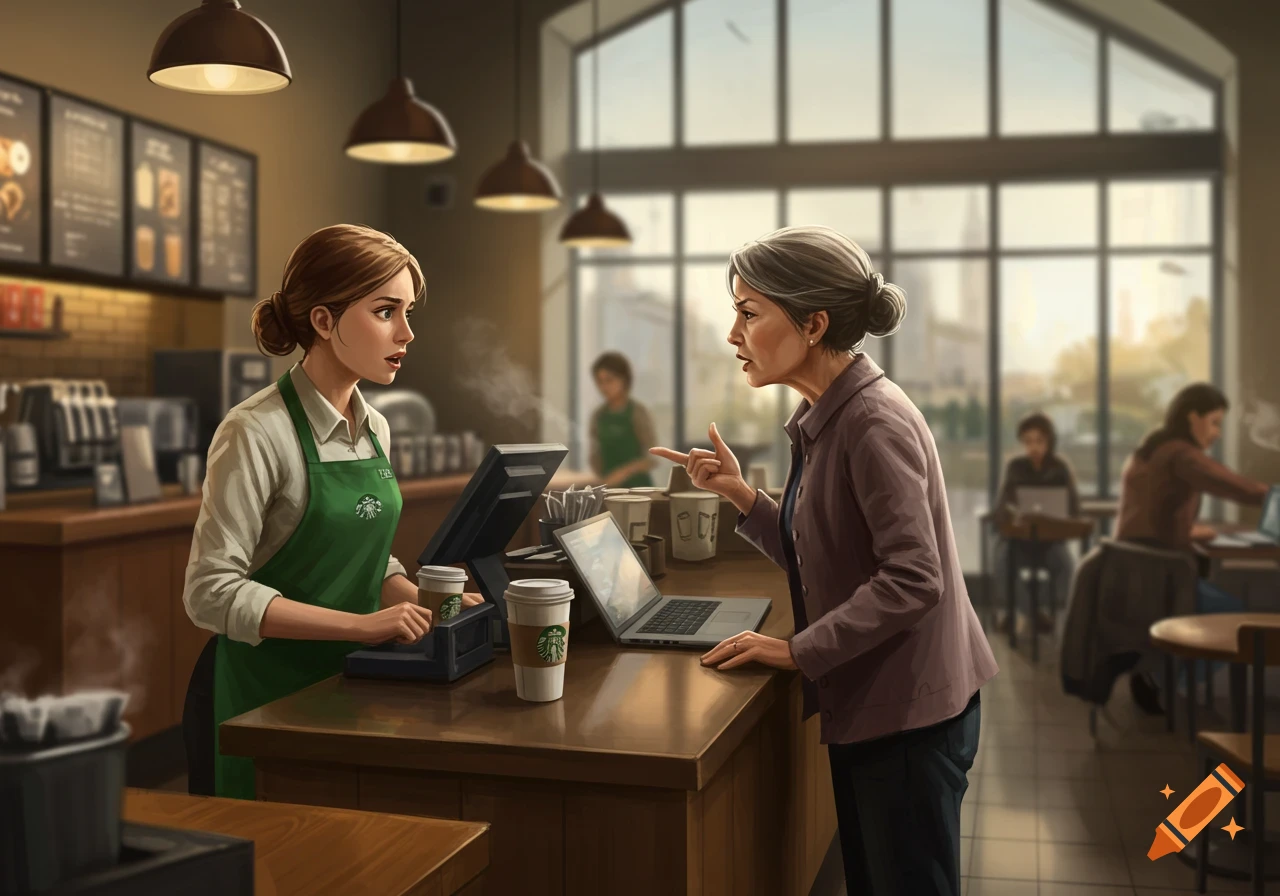 An illustrated scene of an angry woman customer yelling at a shocked barista in a coffee shop.
