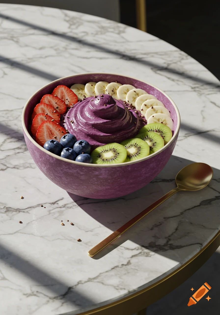 Photorealistic acai bowl topped with strawberries, bananas, blueberries, and kiwi, on a marble table with a golden spoon.