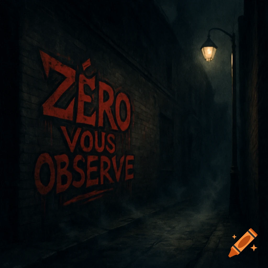 Dark, foggy urban alley at night with a glowing streetlamp and red graffiti on a brick wall reading 'Z ÉRO VOUS OBSERVE'.