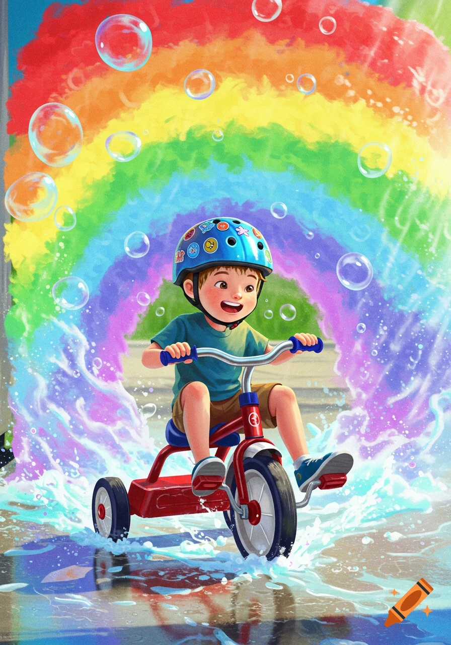 Smiling boy in a blue helmet riding a red tricycle through a colorful car wash with bubbles and a rainbow backdrop, in an illustrative style.