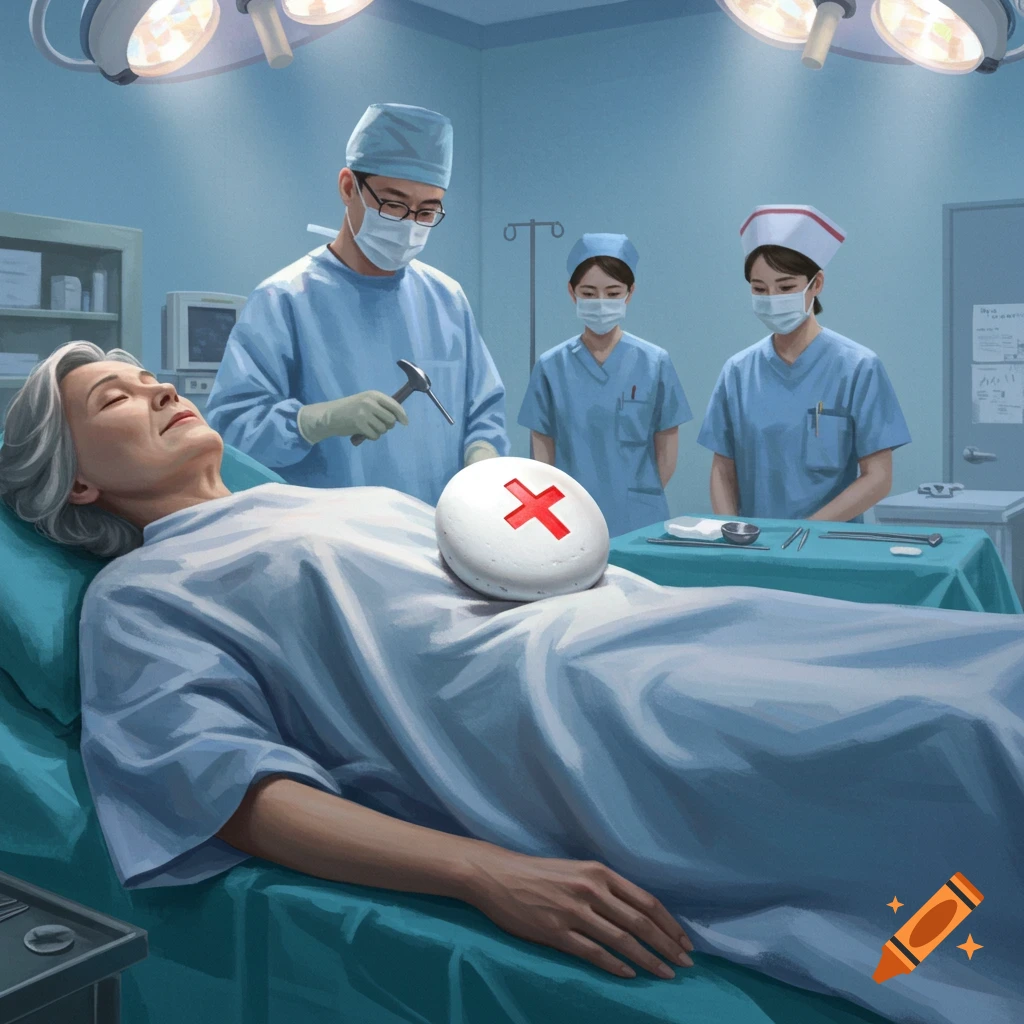 An elderly woman patient on an operating table with a red cross stone, attended by a doctor and two nurses in a surgical room.