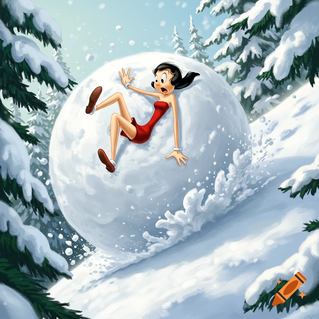 Cartoon illustration of Olive Oyl looking surprised while stuck in a giant snowball rolling down a snowy hill with pine trees.