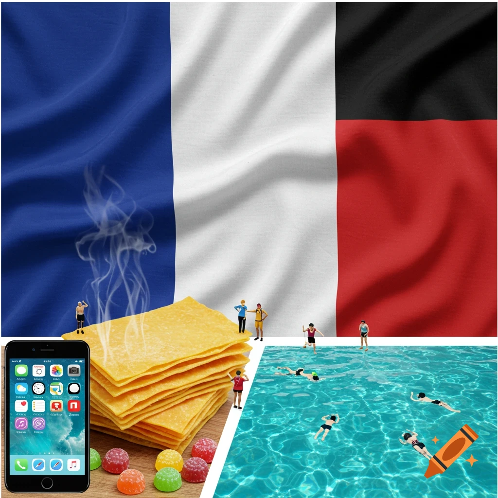 A surreal collage featuring French and German flags, lasagna sheets, gummy candies, a smartphone, tiny people, and miniature swimmers in a pool.