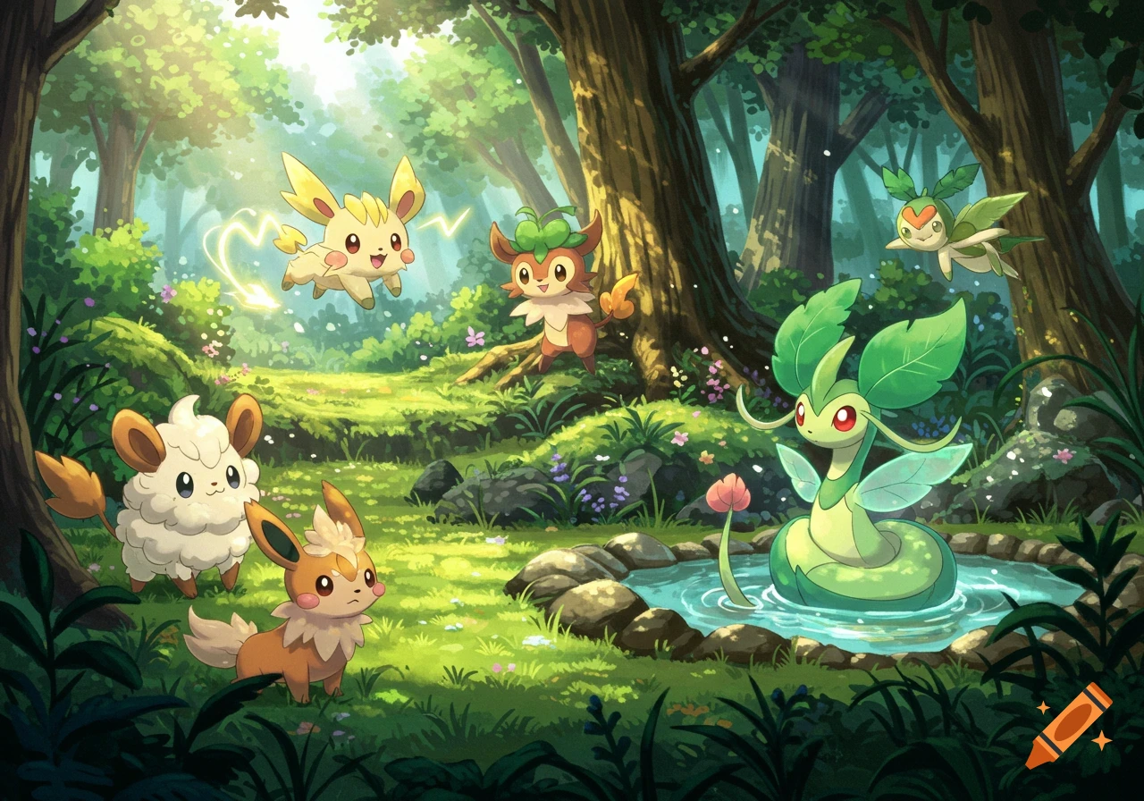 Anime style illustration of cute pokemon-like creatures in a vibrant, sunlit forest with a small pond.