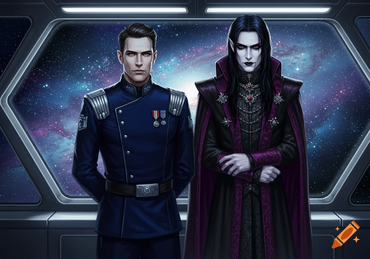 Two men, one in a blue sci-fi uniform and another in gothic attire, stand by a spaceship window with a view of space.